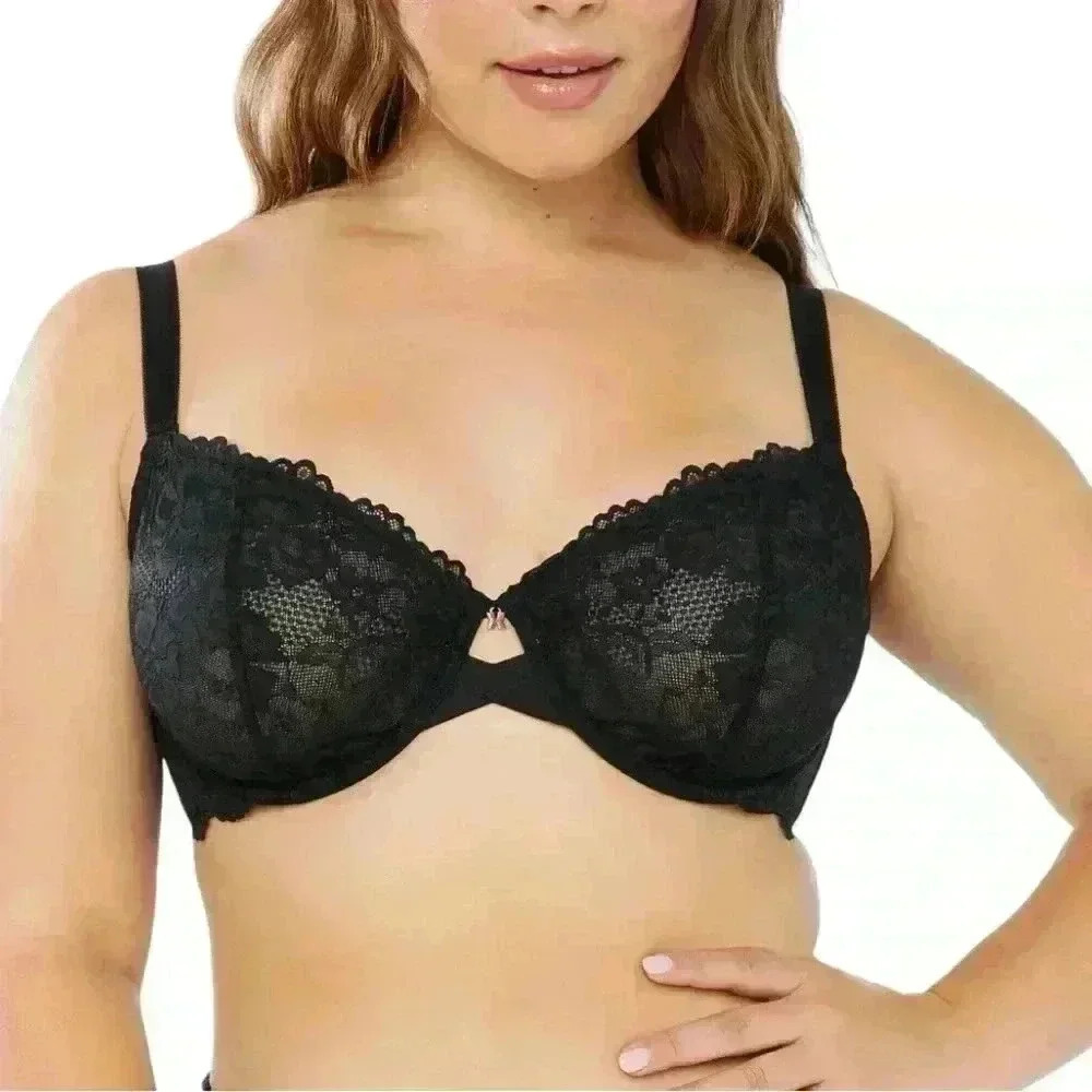 Savage X Fenty Black Floral Lace Unlined Bra 40DDD Rose Gold Detail